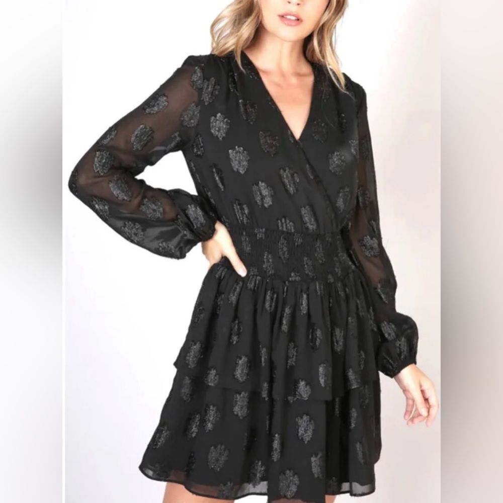 DO+BE Black Metallic Dot V Neckline Mini Dress